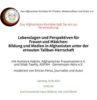 Wir laden euch ganz herzlich zu unsere nächsten spannenden und vorerst letzten Veranstaltung dieses Jahr ein! 

Anmeldungen wie immer per Mail bitte an Afghanistan-komitee-berlin@outlook.de. 

Nähere Informationen und die gesamte Einladung findet ihr auf unserer Website www.afghanistankomitee.de. 

Wir freuen uns über euer Kommen!