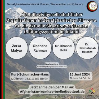 Am 14. April 2024 besuchte eine 12-köpfige Delegation, darunter 2 Frauen, Kabul. Ein Hauptthema war die Wiedereröffnung aller Schulen für Mädchen. Kommen Sie vorbei und treten Sie in den direkten Austausch mit den vor Ort gewesenen Menschen. 

Anmeldung per Mail an: Afghanistan-Komitee-Berlin@outlook.de